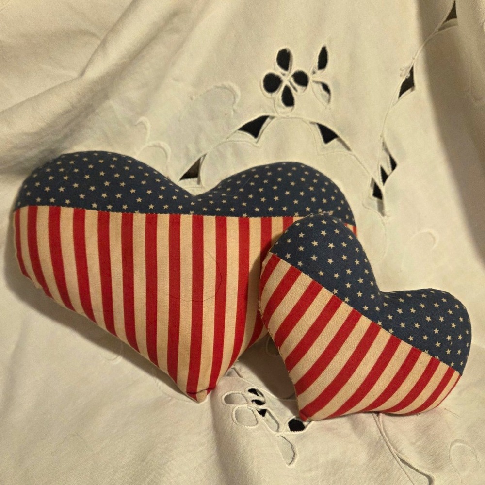 Vintage Patriotic Heart Decorative Pillows Set of 2, Stars, Small Red White Blue
